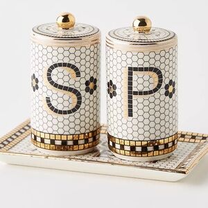 Anthropologie Bistro Tile Stoneware Salt Pepper Shaker Set 3 Pcs Mosaic New
